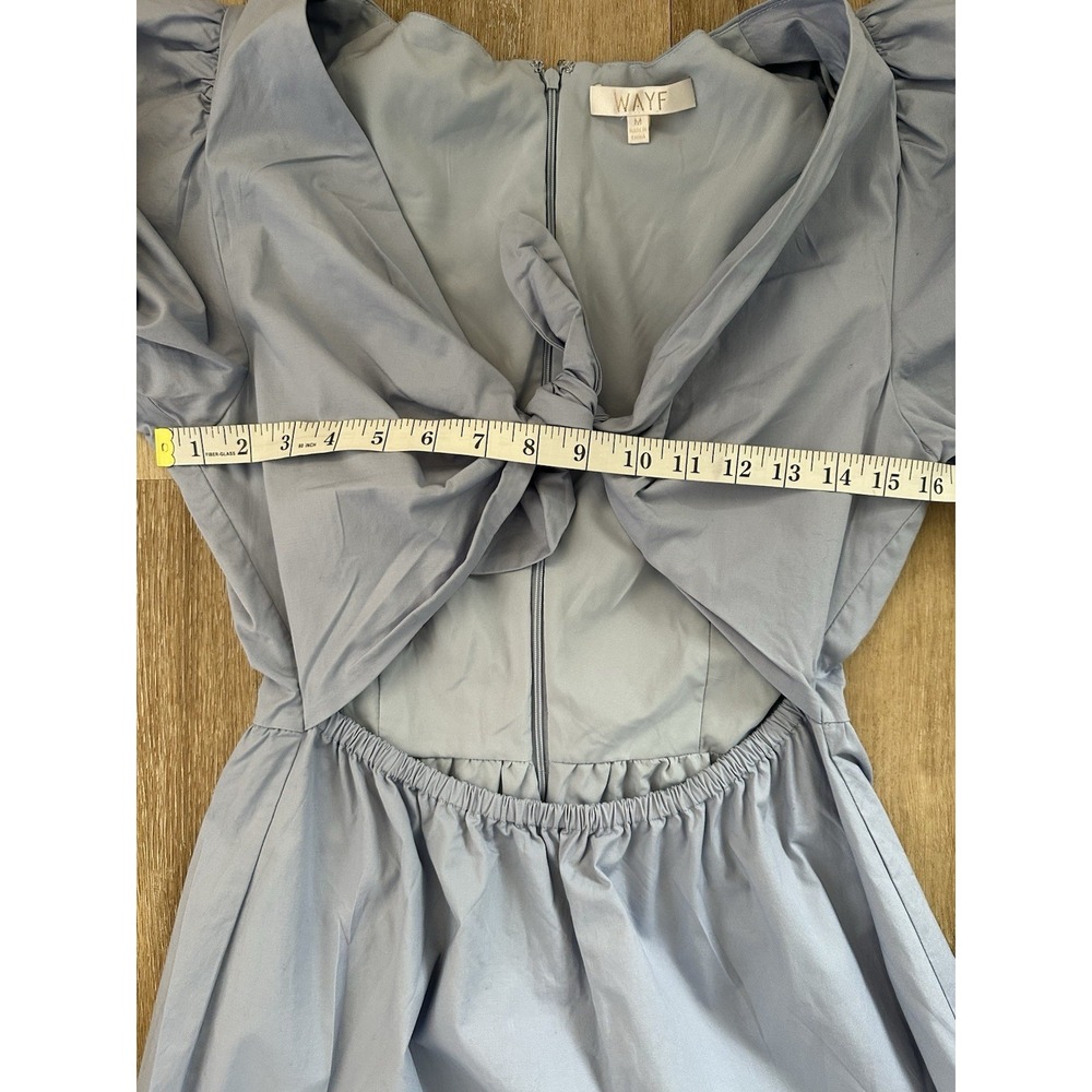 WAYF‎ Women Blue Puff Sleeve Bow Open Back Midi Dress Size M Cottagecore - Picture 5 of 8